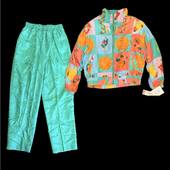 River Edge Pants - 100% Silk 1980s With Tags Vintage Aqua Pants with Colorful Floral Windbreaker